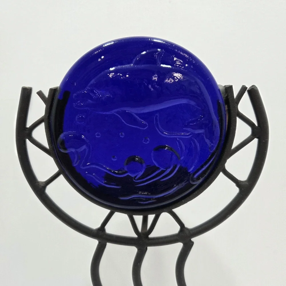Vintage 90s Large Squiggle Candle Holder w/‎ Cobalt Blue Glass Dolphin